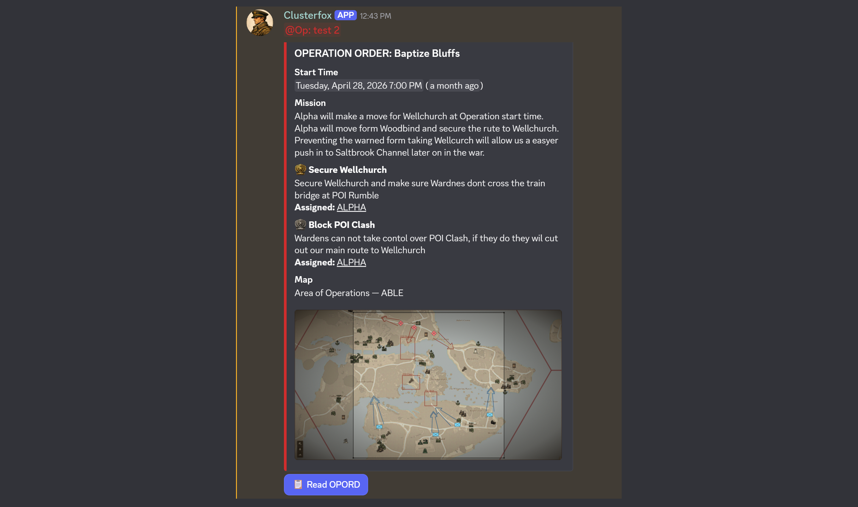 Operation order embed in Discord — mission briefing, tasks, and map preview with Read OPORD button