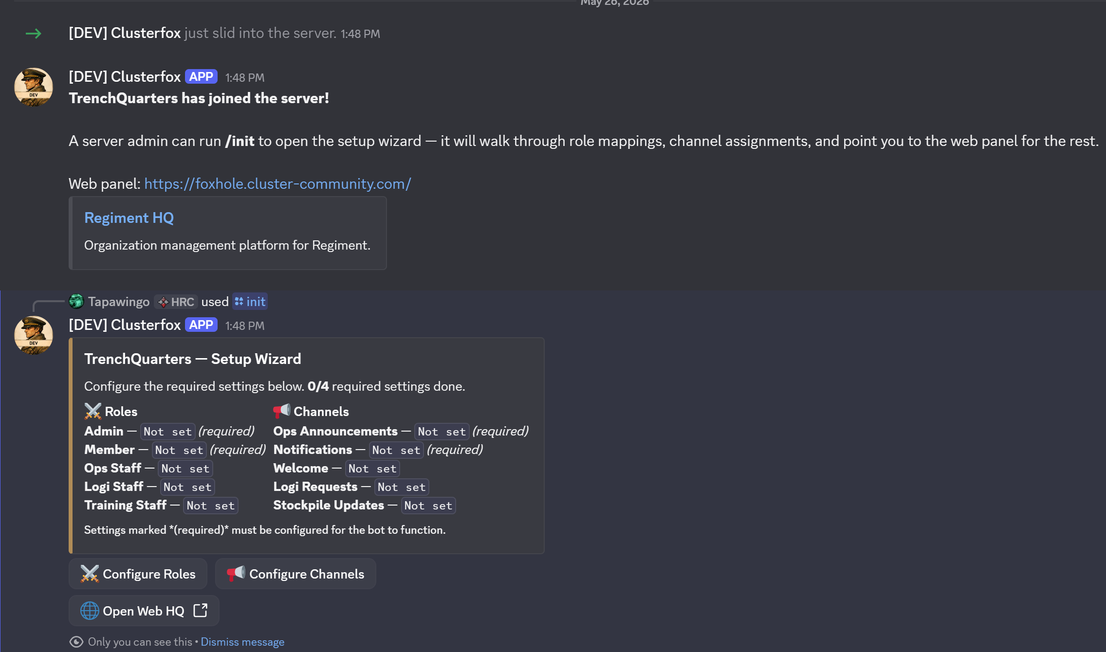 TrenchQuarters bot joining a server and /init setup wizard in Discord