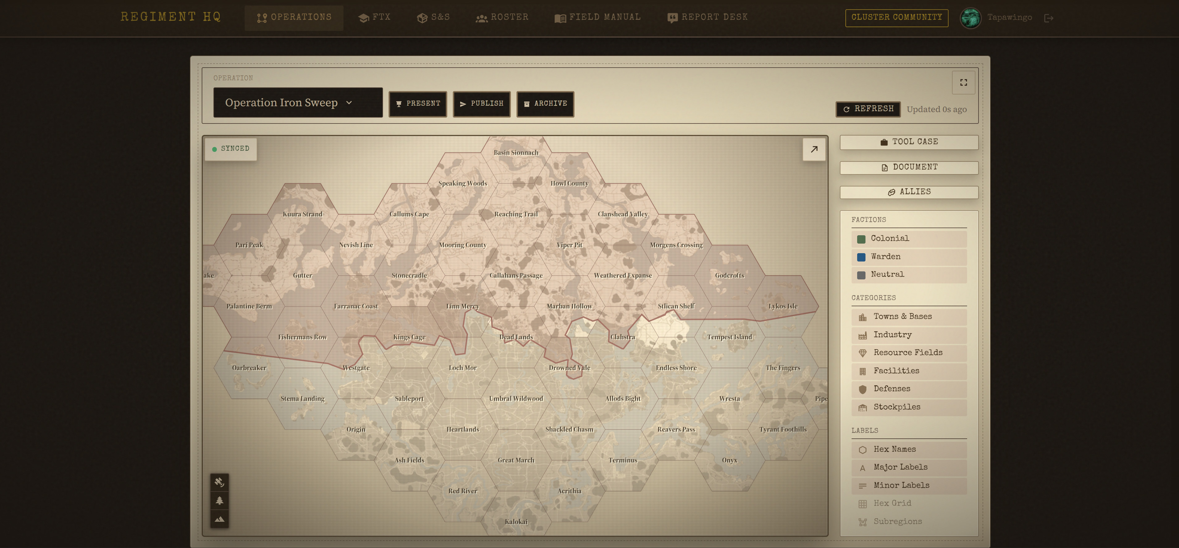Operations map viewer — full Foxhole war map with hex grid, frontlines, and layer controls