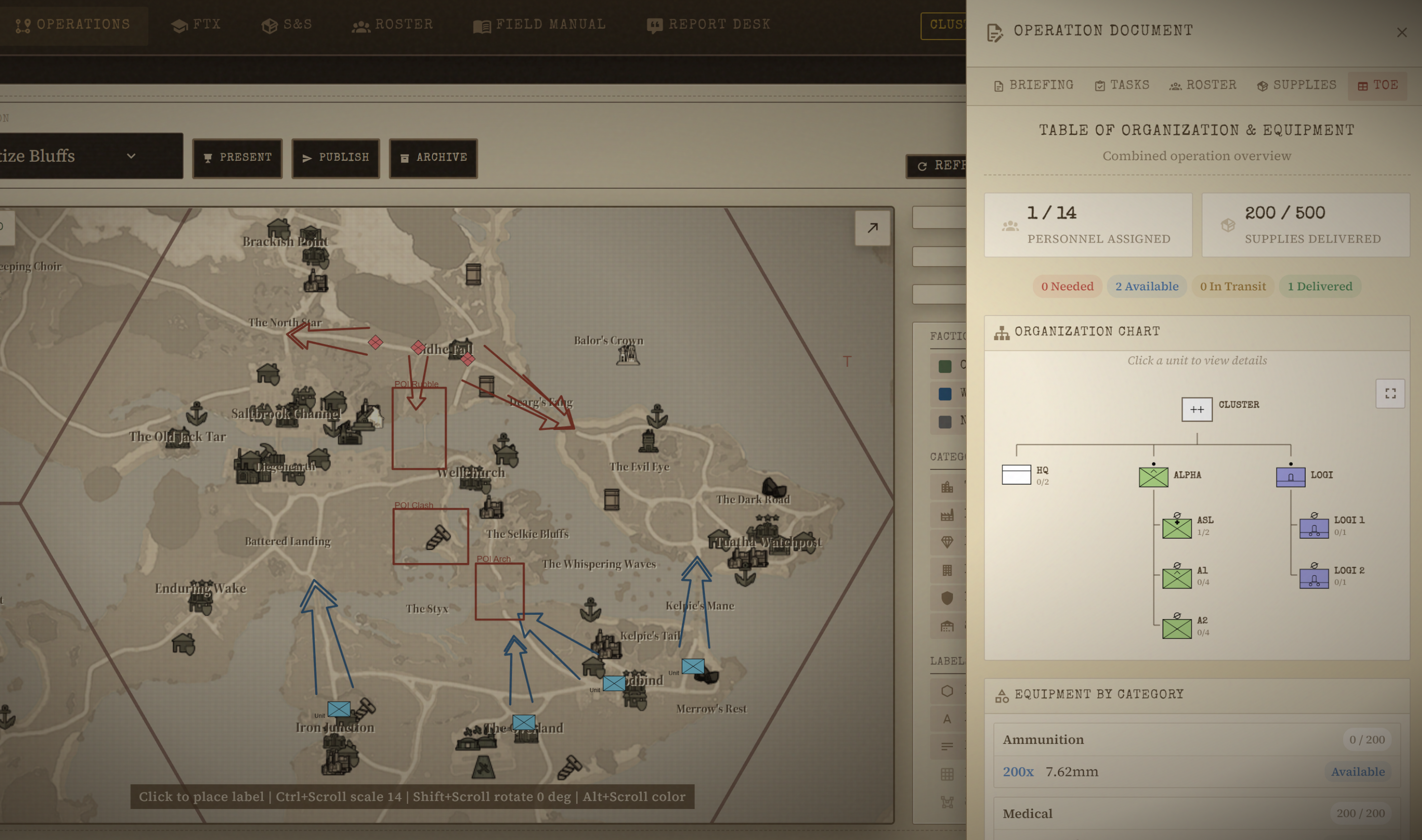 Web operations room — interactive map with ORBAT document panel showing unit assignments and supply counts