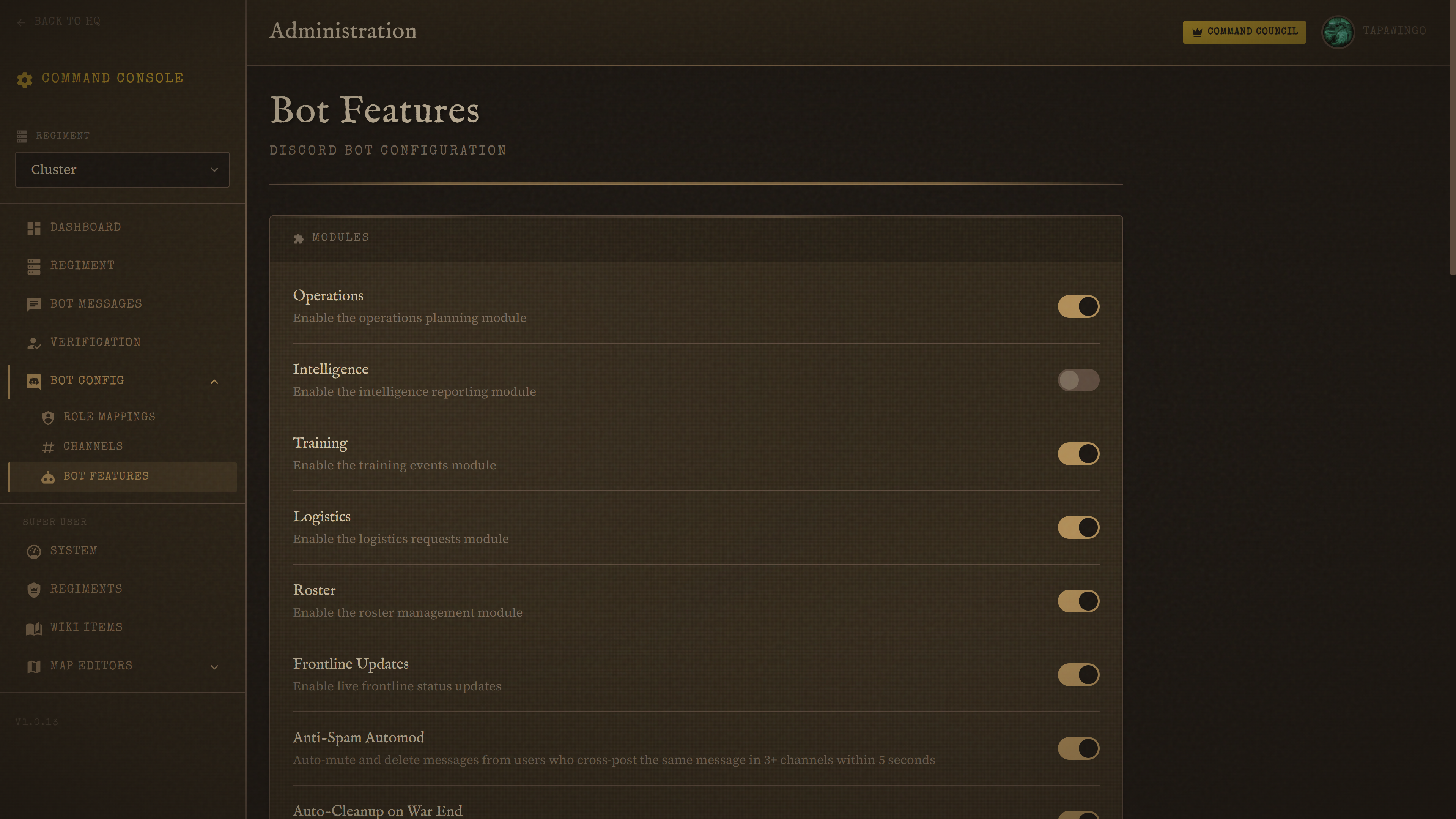 Admin → Discord → Bot Features — the only place to toggle Operations, Intelligence, Training, Logistics, and Roster.