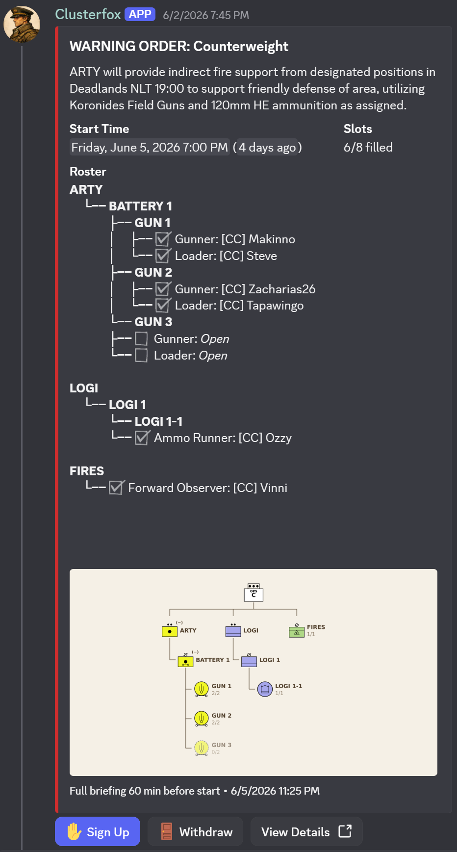 A warning order published to discord.