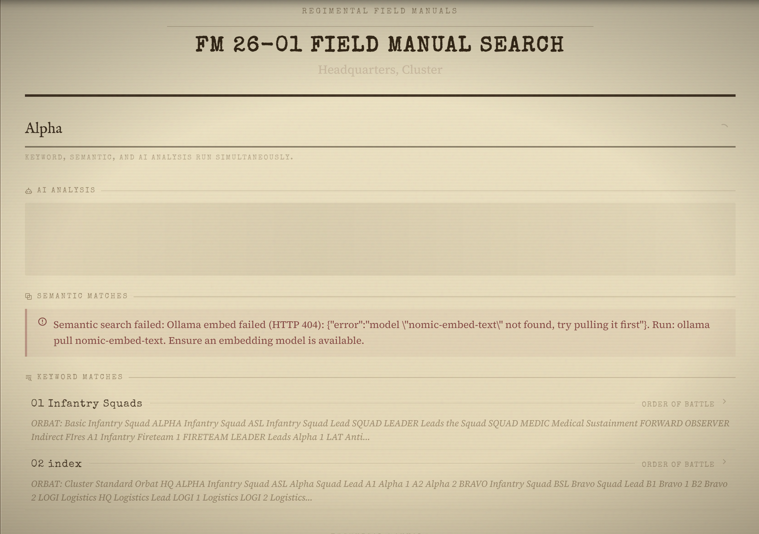 Field Manual search running all three modes at once.