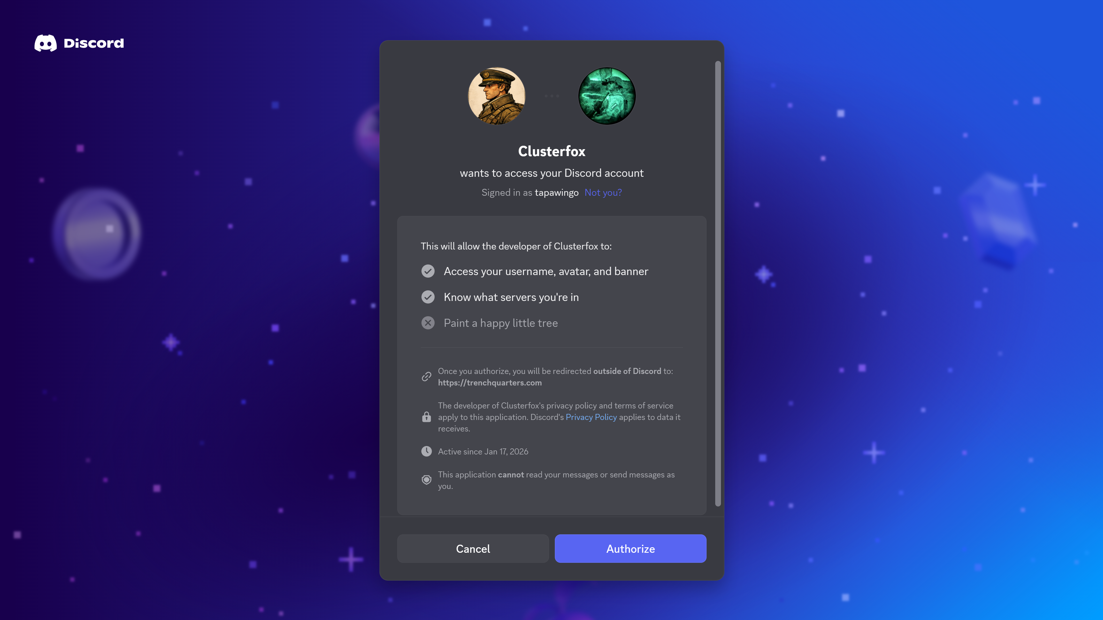 Signing in with Discord — no separate password to create.