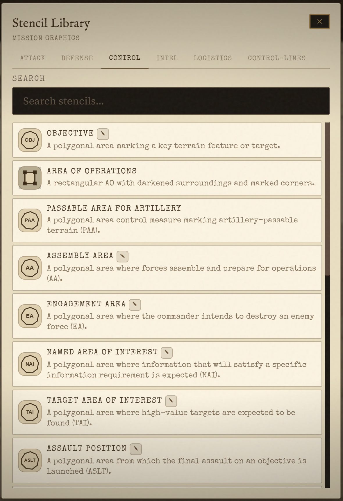 The stencil selection modal