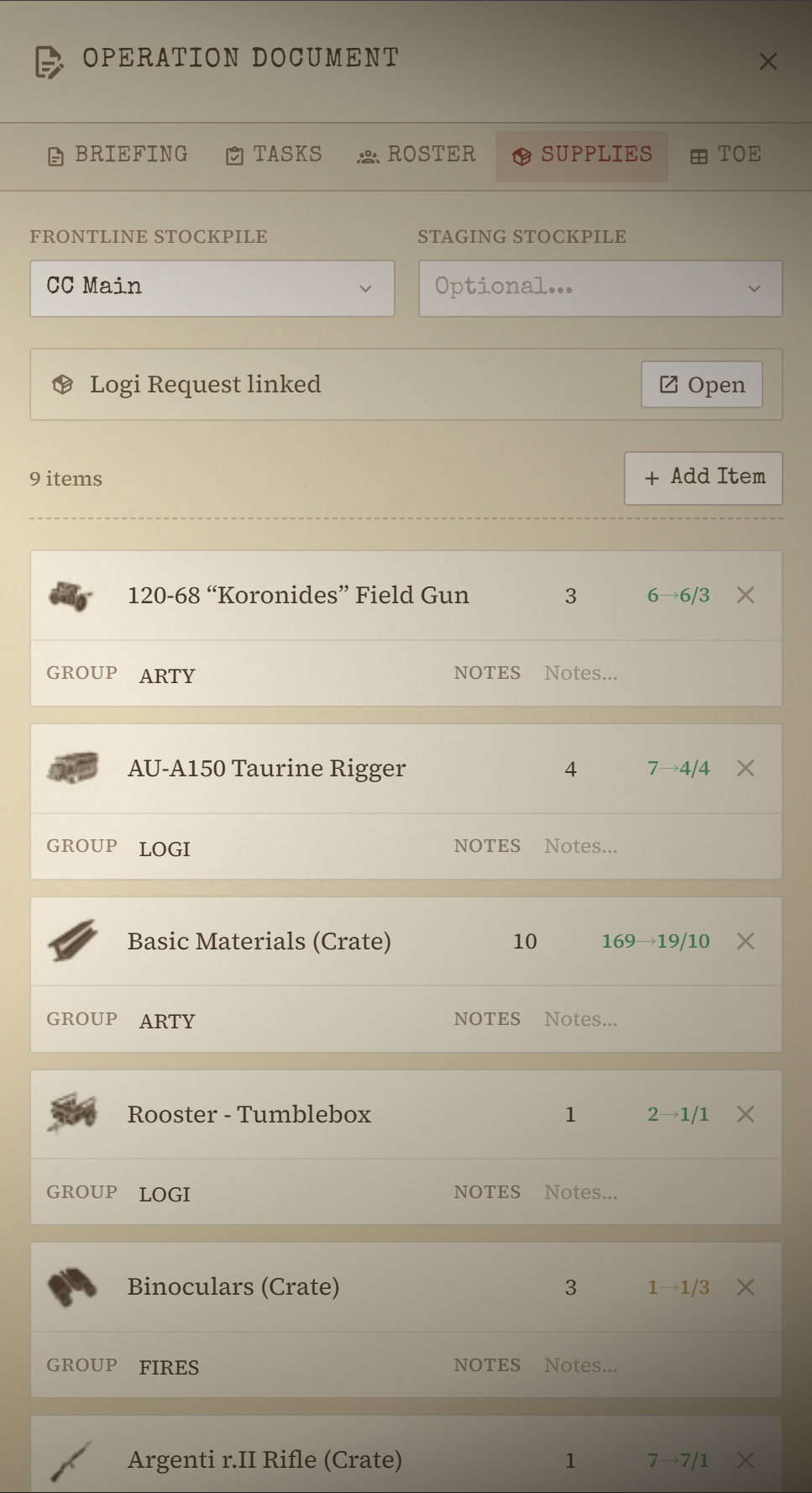 Supplies document section.