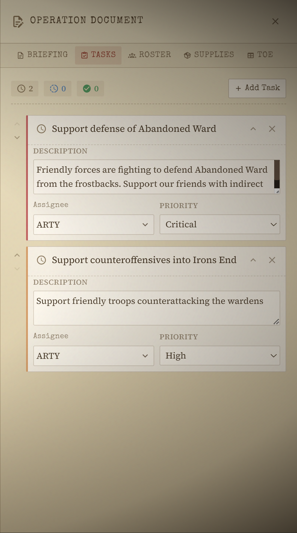 Tasks document section.
