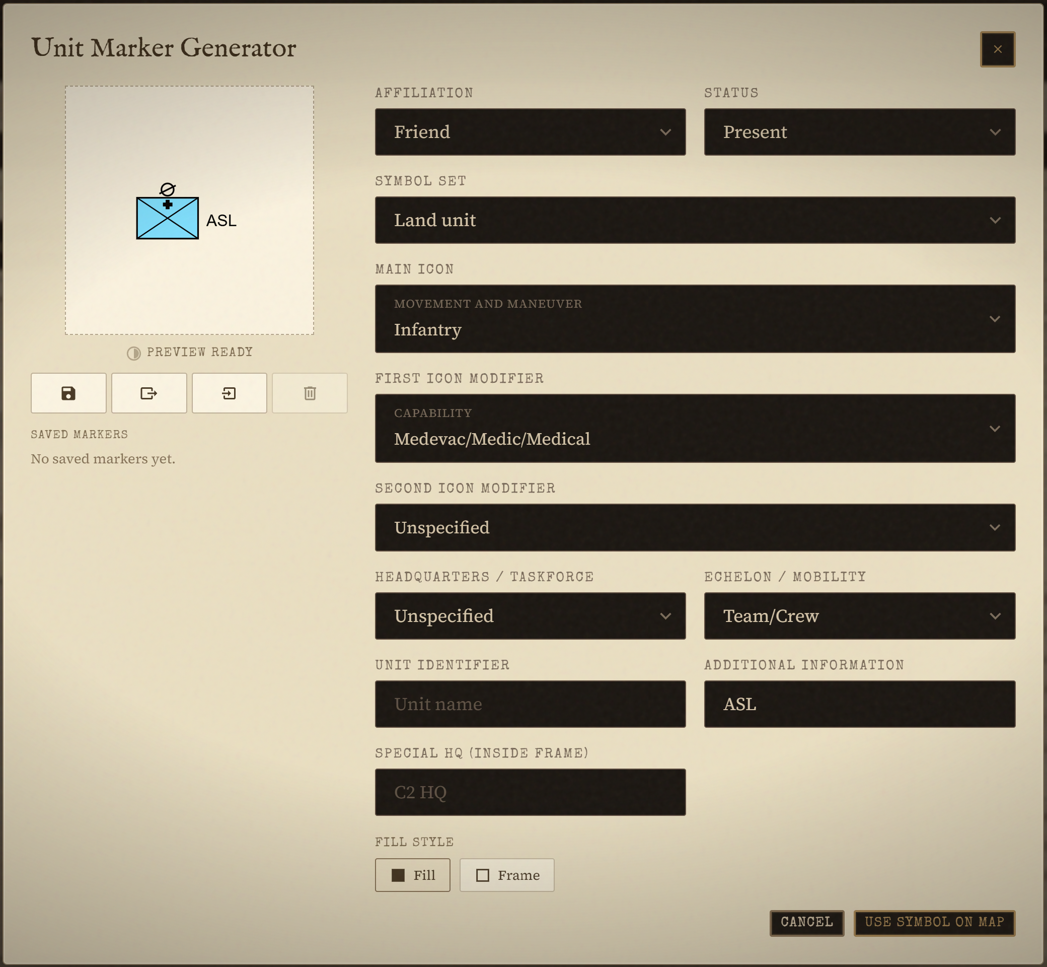 The unit marker generation modal